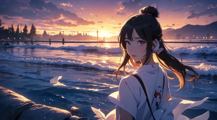 8K HD 青い目をしたヘッドフォンを着てポニーテールを結んだアニメの女の子がRiver at duskを見て、Evening River、Anime Style 4k、Girl wearing headphones、River at dusk、anime art wallpaper 4k、anime art wallpaper 4k、Anime Art Wallpaper 8K 、LOFI Girl、Summer Night、Wearing a white T-shirt、Summer Concept A...