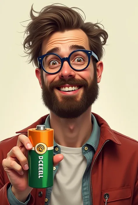 A bearded guy wearing glasses holding a cartoon shaped Duracell battery