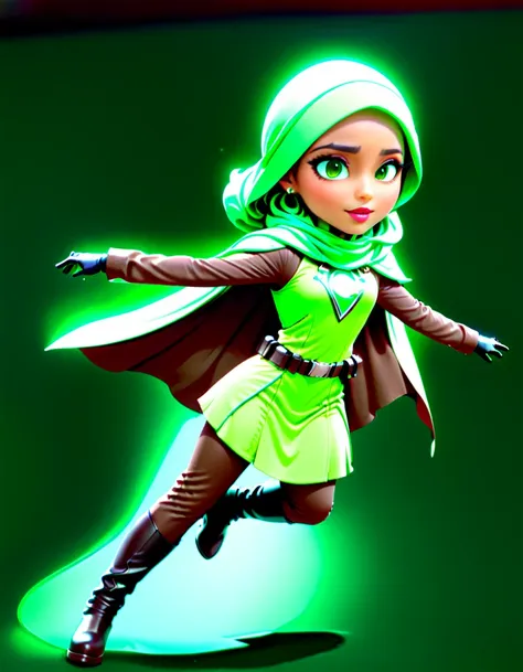 modisn disney, a girl, short body, hijab, brown suit, layered with green vest, white police hat, white belt, black hand bangle, ...