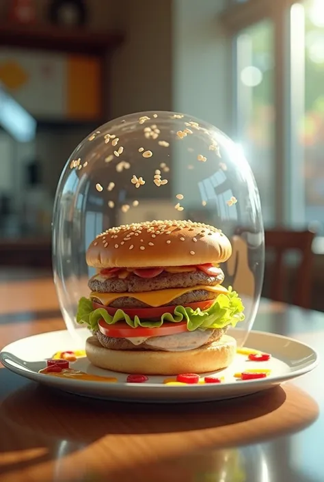 Design an invisible burger, where the bun, patty, and ingredients are transparent but still have realistic textures and subtle outlines. The burger should maintain the shape and structure of a regular hamburger, with hints of light reflecting off its surfa...