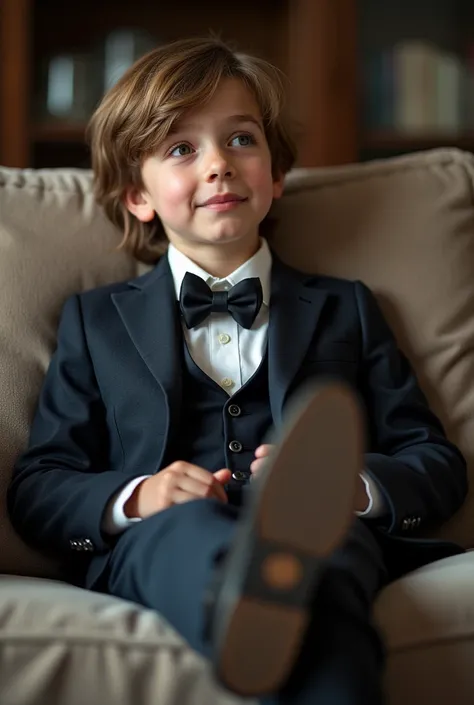 Photograph of a seven year old boy sitting on the sofa watching cricket with brown blonde hair........, brown eyes, white skin, The boy was wearing a very formal lawyer&#39;s suit..........., raising the legs very relaxed, Smiling a little with some very e...