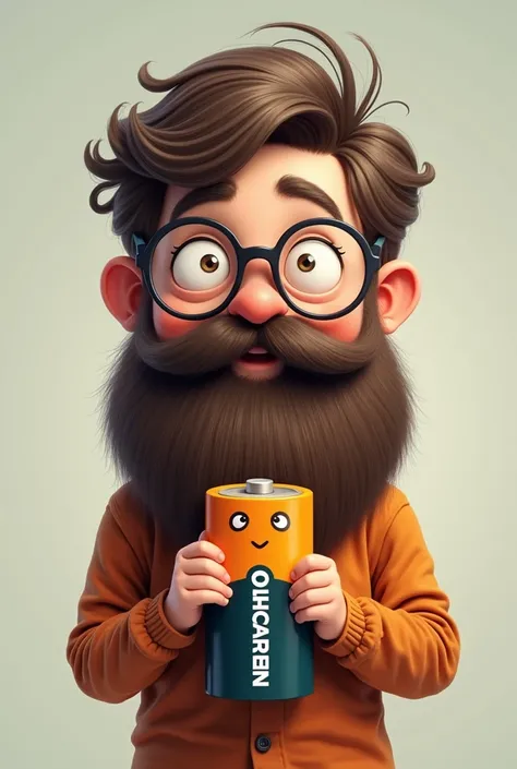 A bearded boy (big beard) wearing glasses holding a Duracell battery in the shape of a cartoon