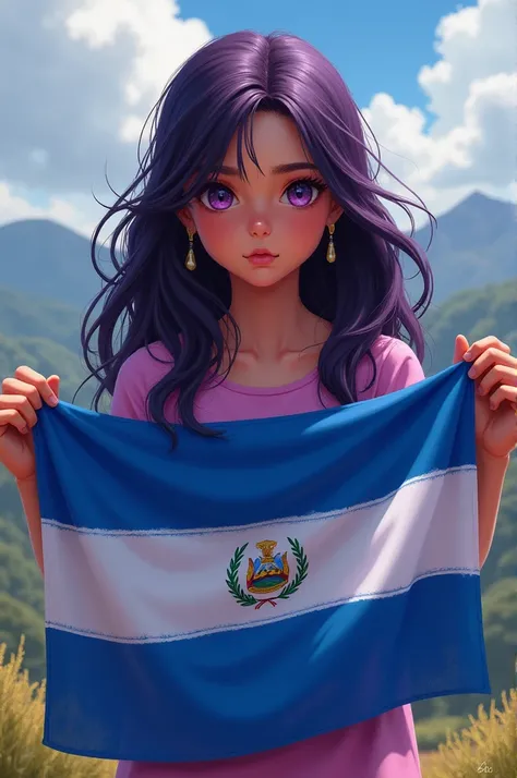 A girl with long dark purple hair and light purple eyes with a Nicaraguan flag in her hands