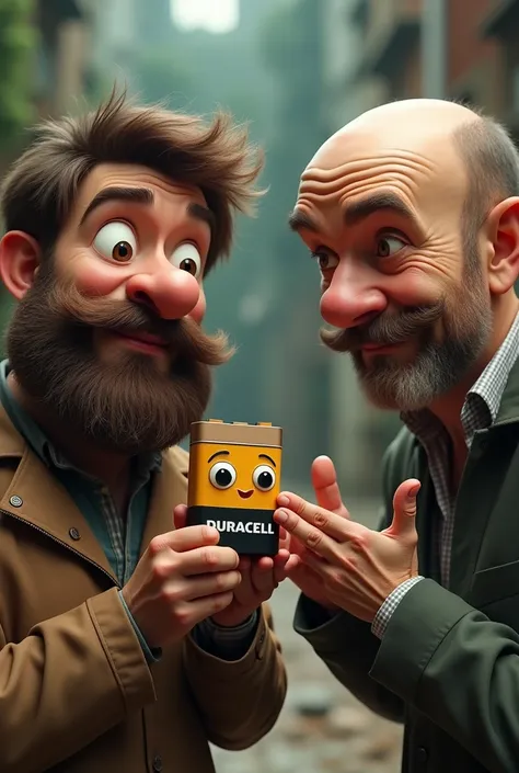 A bearded boy (big beard) he used his eyes, half bald man holding a cartoon shaped duracell battery