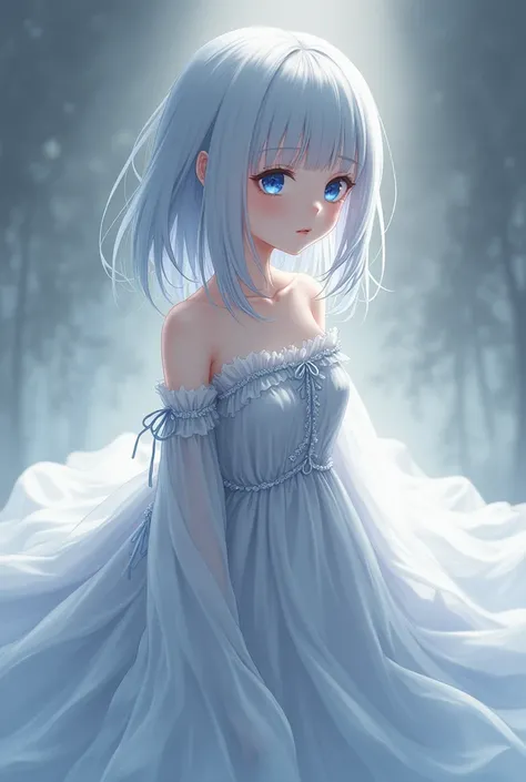 Girl anime around  with silver long hair with straight bangs and blue eyes that looks sad. Dress her with a dreamy silver gown that fits a mage with lots of long chiffon fabric in the arms. The gown should be decent looking and breasts are not shown much