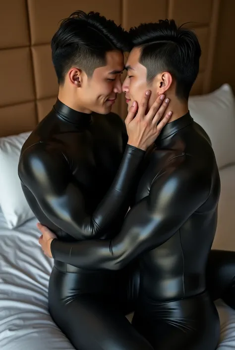 Two young Asian men,whole body黒のゼンタイ,On the mattress,masterpiece,high quality,Realistic,photograph, 最high quality,Muscular、Short Hair,Biceps ,whole body ,Underarm,Shiny, 、[[athlete,Naive,Simple,Black Hand,Rugby Club,Black Neck,Gay,latex,Baby&#39;s Smile,Se...