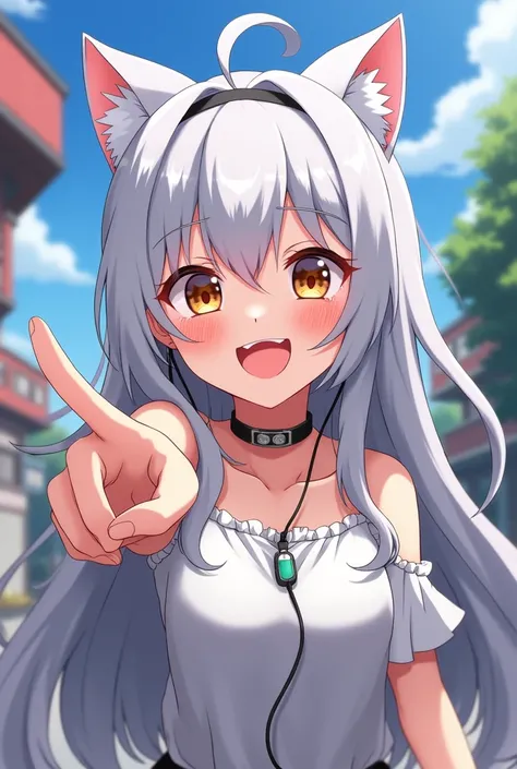 One girl, Long Hair, smile, Silver Hair,Cat ears, Earphones, chest, anime,Cat beard,Full body image,Walking,Having fun,Pointing,