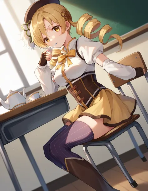 score_9, score_8_up, score_7_up, source_anime,mami tomoe, blonde hair, drill hair, twin drills, yellow eyes,
boots, brown footwe...