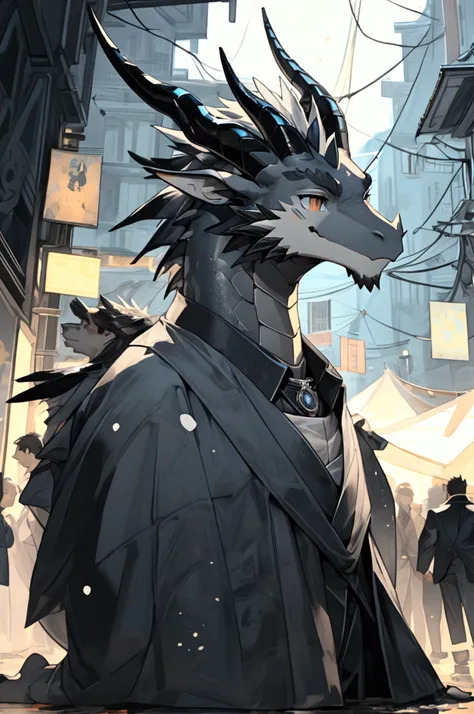 (masterpiece:1.2),pixiv,best quality,Anime Style,official art,An anthropomorphic dark grey dragon with a grey-white abdomen,Gray scales on the body,Side Face,Short neck, 178cm tall,tall, slightly large eyes, a smile, two short horns on its head, the horns,...