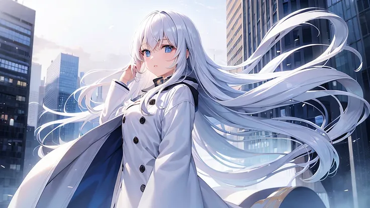 1girl, long white hair, blue eyes, wearing white coat, city, high res, ultrasharp, 8K, masterpiece, falling in the air sky