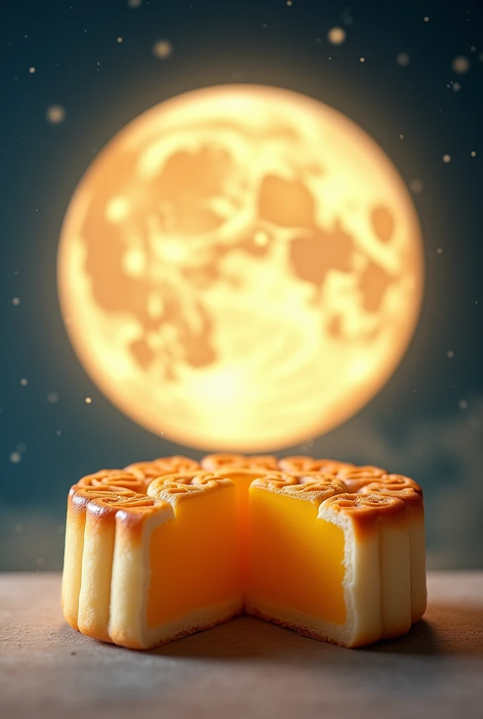 masterpiece，Best quality，High-resolution images，Rich details，High Fidelity，Commercial Photography, Guangdong Egg Yolk Mooncake,Clear moon, Night sky poster, Fresh style background, Elegant, Booth Lighting, pretty, True to life colors, Ultra HD