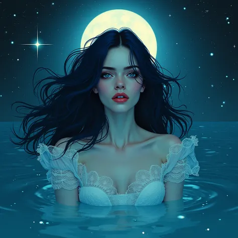 kristen stwart look alike, deep dark blue hair, girl floating, water around, star shinning, moon, Doll. white lace dress, In the style of Adrian Ghenie, Esao Andrews, Jenny Saville, Edward Hopper, surrealism, Dark Art par James Jean, Takato Yamamoto, Minim...