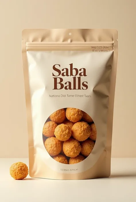 Make me a packaging of our product named saba balls rectangular packaging make it simple show crispyballs style and detailed packaging only named saba balls in the packaging
