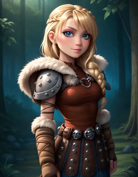 score_9, score_8_up, BREAK, ASTRIDHOFFERSON, 1girl, solo, blonde hair, braid, Long hair, blue eyes, fur trim, shoulder armor, armor, pauldron, depth of field, forest, full body shot, 