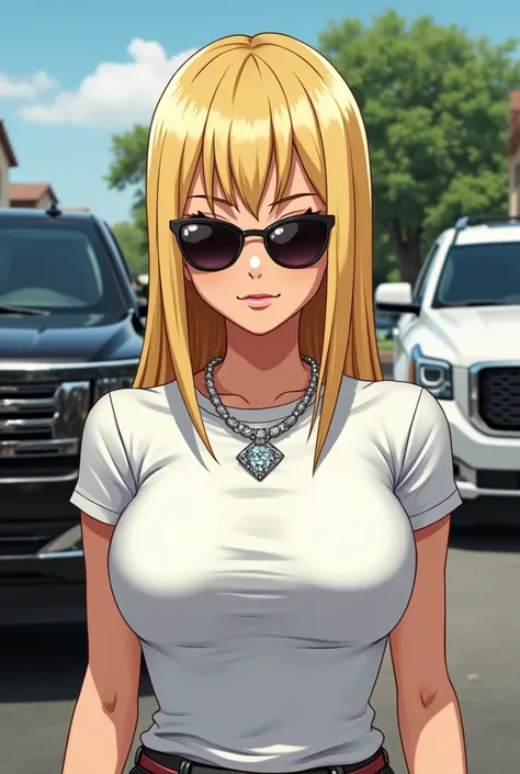 Dbz Android 18 wearing a casual outfit wearing a diamond necklace, wearing sunglasses, shoulder length hair, with a black ford expedition behind her along with a white gmc yukon including wearing a white t shirt 