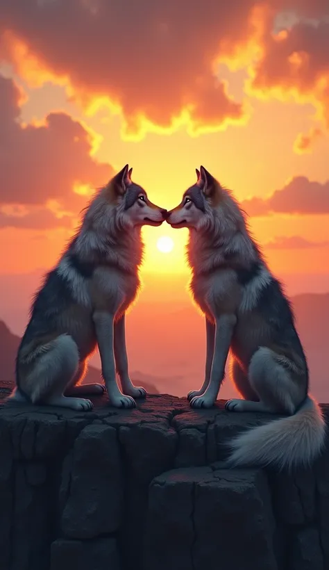 A pair of wolves sitting side by side on a rocky cliff, touching noses, with a beautiful sunset in the background.