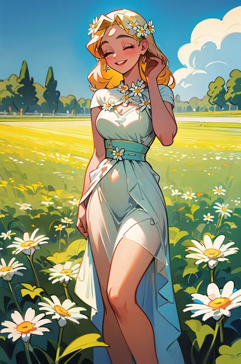 Aphrodite in a flower garden , best quality, field of daisy, vibrant, happy,