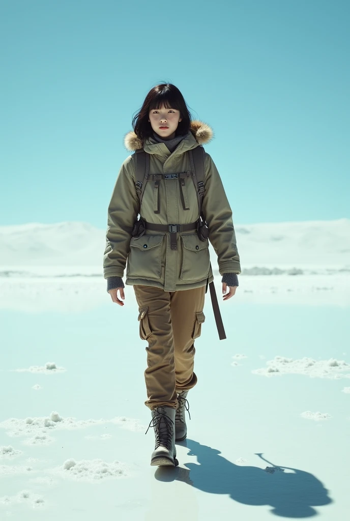 live-action、Real、Beautiful Japanese woman walking on the Uyuni Salt Flats、Black Hair、Short Bob Hair、Explorer Outfit
