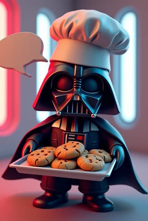 Adorable isometric version of gloomy-faced Darth Vader wearing chef hat offering a tray of chocolate chip cookies, with white and red lights background, and a speech bubble that says "welcome to the dark side, we have cookies"