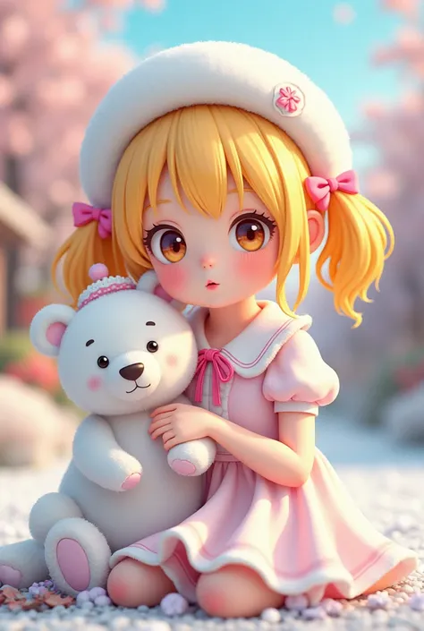 ai anime cyberpunk setting,  Girl with yellow pigtails, White eared beret  , Girl in white dress with pink ribbon   , Pretty girl,White Bear , The teddy bear is sitting  , Wearing a white beret on his head, cute,cute 소녀,cute 여자 , A drawing drawn with color...