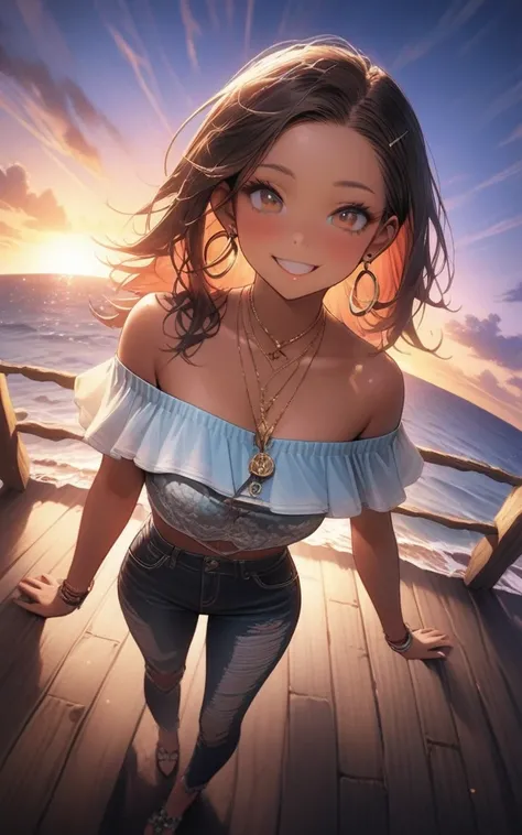 "Hyper-detailed nano-textured cute gyaru girl in 8K resolution, showcasing intricate patterns and vibrant colors. Full body shot with slight fisheye effect and dynamic angle. The scene features a trendy beach boardwalk at sunset, all rendered with stunning...