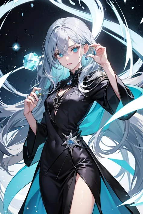 Black Beryl, Black Beryl has a slim build with a light blue complexion, long grey hair and dark eyes with light blue pupils. She wears a robe with the White Diamond insignia on her naval. Her gemstone is located on her right hand.  SPARKLE; GLITTER