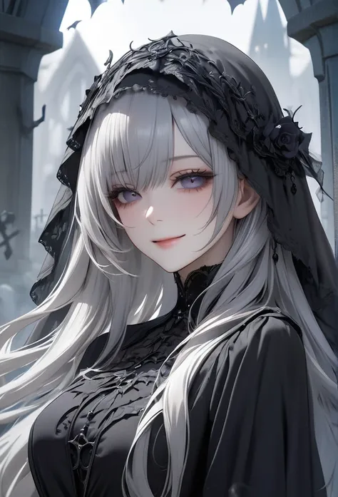 Upper body close-up（((masterpiece), on)A female version of Undertaker, exuding a mysterious and ethereal beauty. She has long, silver hair and wears a black veil that partially hides a beautiful smile. Dressed in a Gothic black gown, she radiates an eerie ...