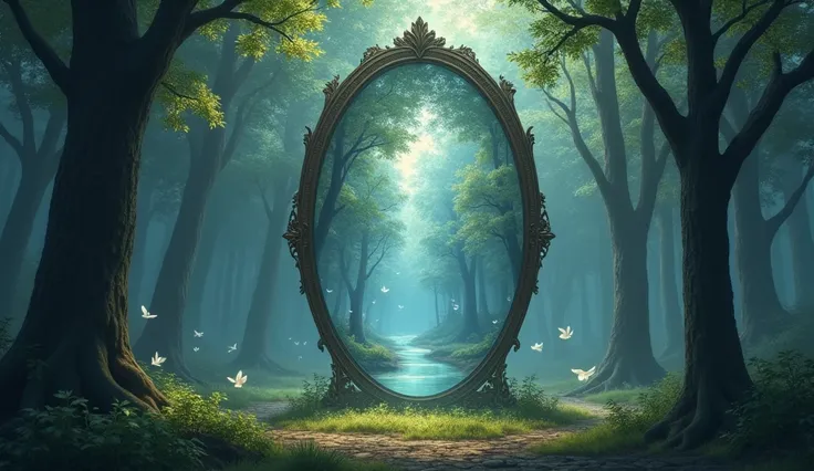 A mystical mirror standing alone in a forest clearing, its surface reflecting not the forest but a completely different realm—an ethereal, dreamlike world. In the mirror’s reflection, floating islands, glowing rivers, and winged creatures can be seen. The ...