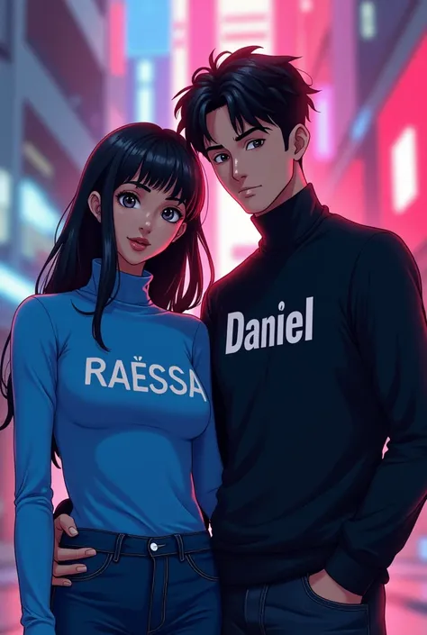 Characters couple black turtleneck shirt on the man&#39;s shirt the name Daniel on the woman&#39;s shirt the name Raíssa in capital letters blue jeans the black woman and the dark-haired man anime theme