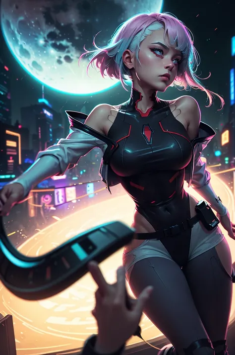 a woman with hair and a black shirt is standing in front of a neon city background with full moon, lois van baarle and rossdraws, portrait of lucy from Cyberpunk Edgerunners, artgerm and lois van baarle, rossdraws 2. 0, rossdraws 1. 0, rossdraws 2. 5, artg...