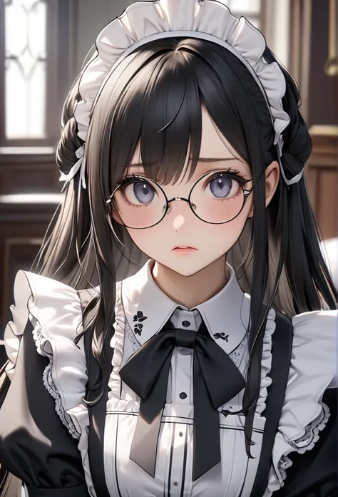 Upper body close-up（((masterpiece), on)"A cute maid character, Mey-Rin, wearing round glasses and a classic black and white maid outfit with large frills and lace. Her long hair is tied up, and she has an innocent yet determined expression. Although slight...