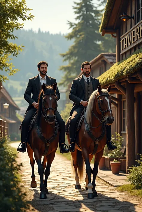 Generate me a photo of 2 gentlemen leaving a tavern on horseback