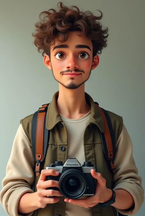 a light brown boy with curly hair, a mole on the tip of the nose, he is a photographer,need to have a camera in hand, with big eyebrows and goatee and mustache. he is 20 years old. And white person traits 