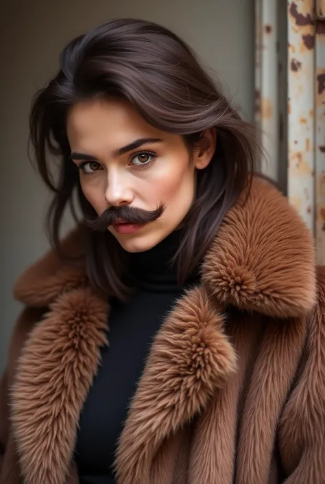 Young brunette woman with mustache and beard, wearing a dark brown fur coat. High Resolution, Looking at viewer, Brown Hair, brown fur coat, thick and shaggy mustache, brown eyes