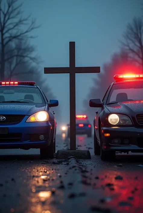 A blue truck with its lights on, in an accident with a black car with a dented front end, and a cross in the middle of the two  