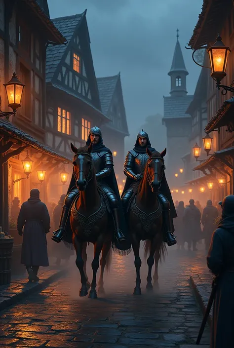 Generate me a photo of 2 medieval knights leaving a tavern on horseback when it is night and the tavern is full of lights like a party