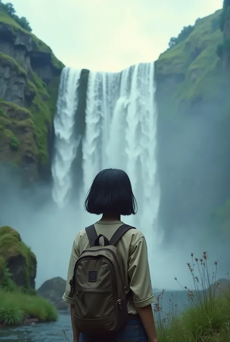 live-action、Real、Beautiful Japanese woman looking up at Iguazu Falls、Black Hair、Short Bob Hair、Explorer Outfit
