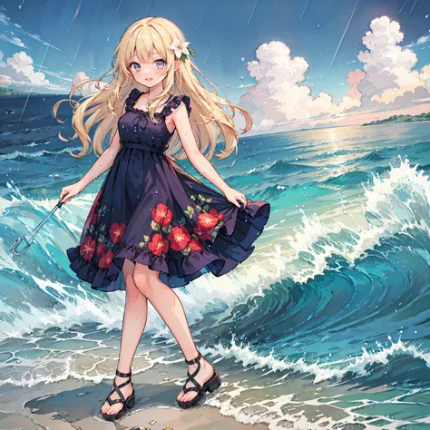 (8k, super high quality, masterpiece), (detailed), one woman, cute, small breasts, blonde, navy blue dress, floral, hawaiian dre...