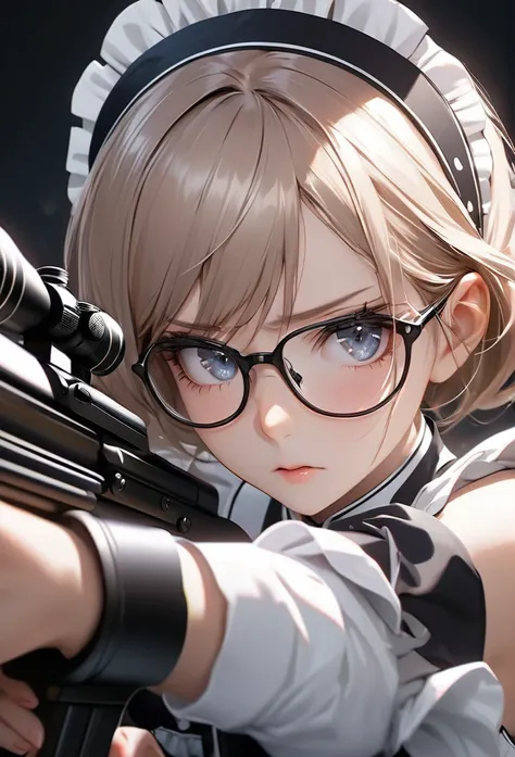 Upper body close-up（((masterpiece), on)"Mey-Rin in sniper mode, focusing intensely on her target with sharp, determined eyes. Still wearing her maid outfit, she firmly holds a large sniper rifle, her glasses reflecting light to emphasize her professional s...