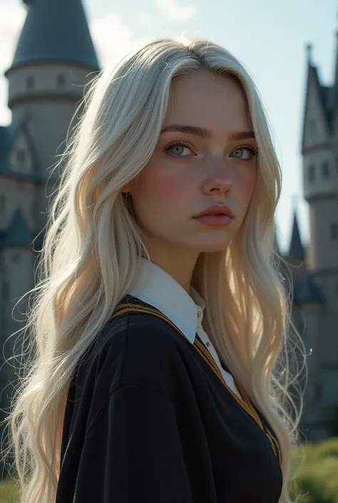 Beautiful girl with long ash blonde hair, white skin with pink tones, Perfect skin free of dark circles, with striking grey eyes, lips with cupid&#39;s bow, in Gryffindor uniform, With realistic details and Hogwarts Castle in the background