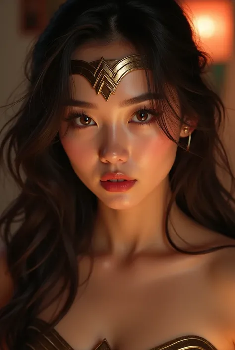 Drunk Wonder Woman。Brown Hair,  masterpiece、beautiful girl、fine 目、puffy eyes、Bright spot、Best Quality, 超High resolution, (reality: 1.4), Cinema Lighting,Very beautiful、The perfect Wonder Woman costume。Very pretty face。Asian 1､Beautiful white skin、(超reality...