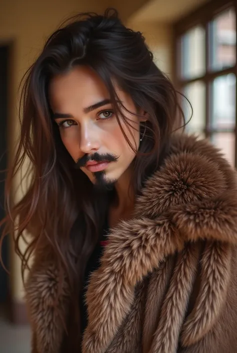 Young brunette woman with mustache and beard, wearing a dark brown fur coat. High Resolution, Looking at viewer, Brown Hair, brown fur coat, thick and shaggy mustache, brown eyes