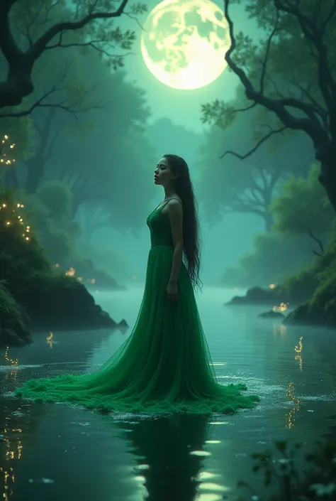 ARIANA Grande In a Mystical Lake With Magical surrounding at night wearing a beautiful green 