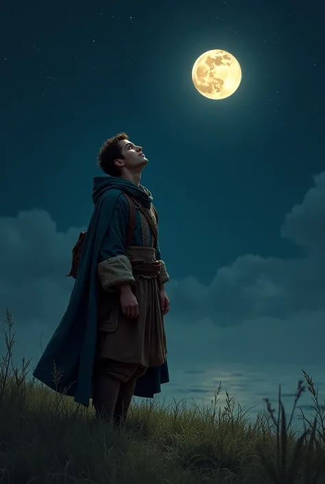 Young man in the year of the.Prof.1500 wearing a cloak and carrying a shoulder bag, standing and looking at the sky on the grass at night.