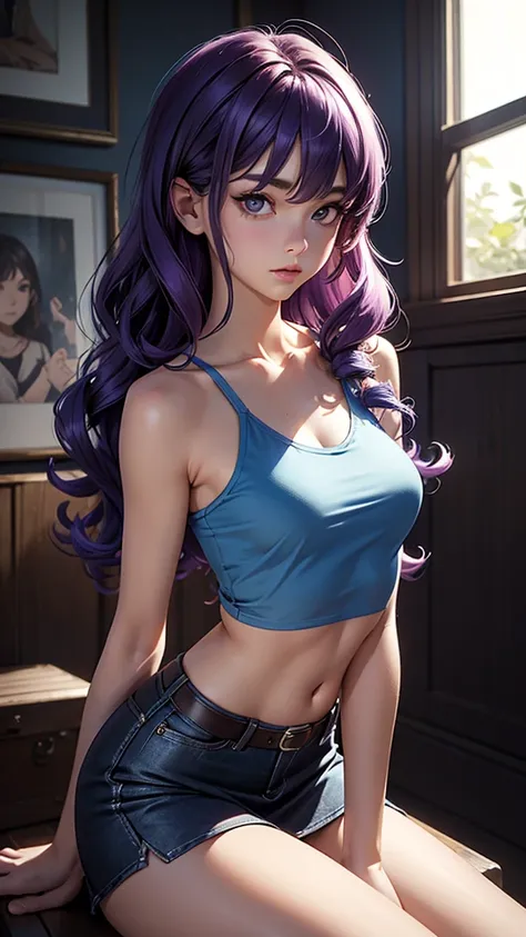 (masterpiece), (best quality), (detailed), light layer, 1solo girl, young girl, perfect body, purple hair in curls, defined larg...