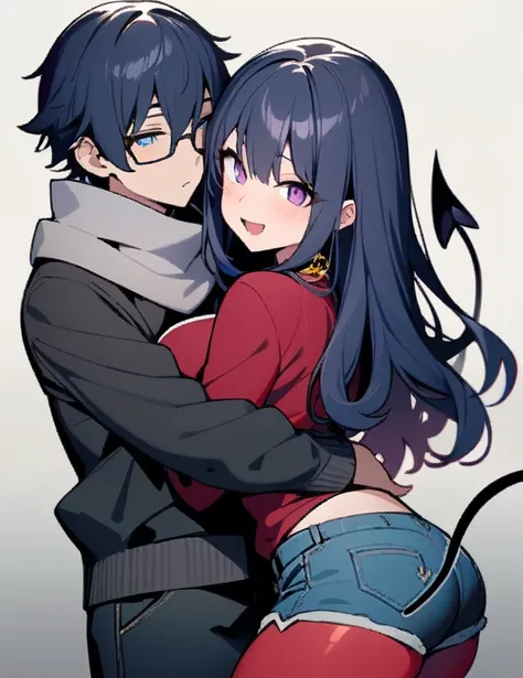 1 girl and 1 boy The girl: (masterpiece), best quality, expressive eyes, perfect hybrid succubus girl face, short girl, long cyan and blue hair, magenta eyes, glasses, happy, black sports top, red thigh - High stockings , demon tail, golden necklace with a...