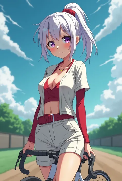 HD、Animation style、white hair 、Purple Eyes、girl、plump breasts 、High school student 、single ponytail、Baseball player、Light color short sleeve top、Long sleeve red underwear、Good shape、Thin、sash、Sky、cloud、sunny、Cycling、Navel exposed、dazzler、Breasts exposed、ni...