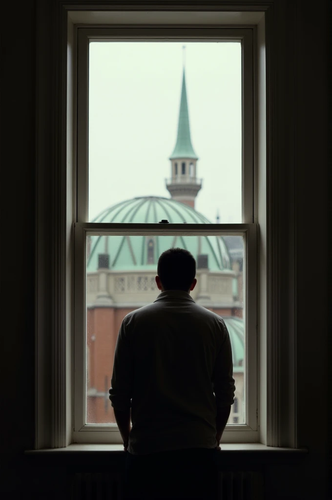 Man hiding looking out the window 