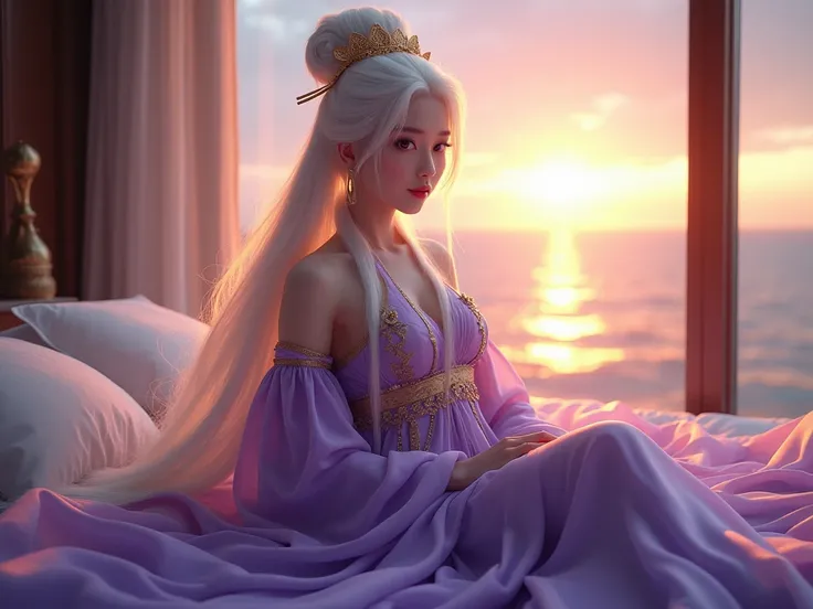 High quality, 8k ultra hd, Beautiful and voluptuous semi-realistic Chinese princess, small waist, Wide hips, long thick white hair, bun on a golden lotus headdress, big violet eyes, swollen pink lips, dressed in a multi-layered, airy purple silk hanfu with...