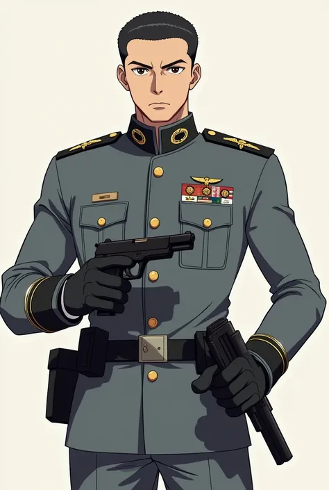 The character in the image is wearing a military style uniform with various emblems and insignia, suggesting a post or position of authority. The uniform is predominantly gray with black details and has a belt, shoulder straps and a high collar. The charac...